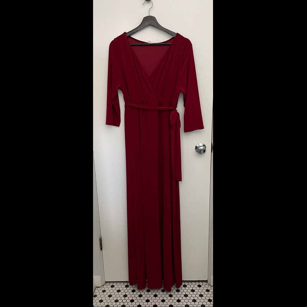 Burgundy Sash Tie Wrap Plus Maternity Maxi Dress